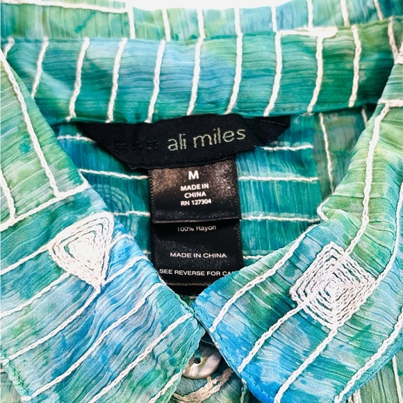 Ali Miles Artsy Embroidered Top Button Up, Sheer Blue Geometric, Size Medium - Picture 8 of 11